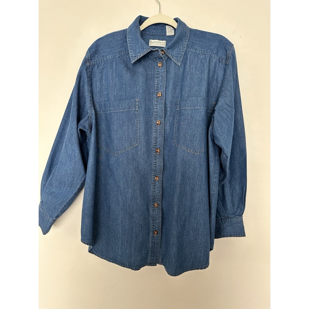 Elizabeth Liz Claiborne Vintage Denim Top Chambray Blue Button Cowgirl Vintage